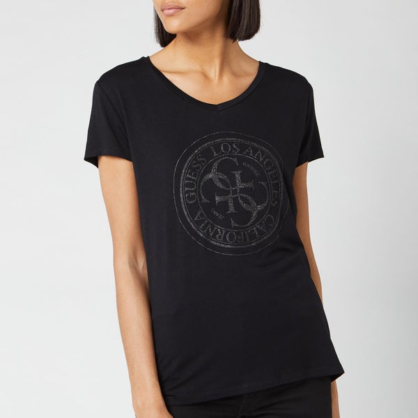 Guess Women's Short Sleeve Glitter Stamp T-Shirt - Jet Black