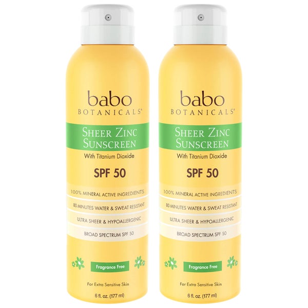 Babo Botanicals SPF50 Sheer Zinc Continuous Fragrance Free Sunscreen Spray Duo 6 fl. oz (Worth $44.00)