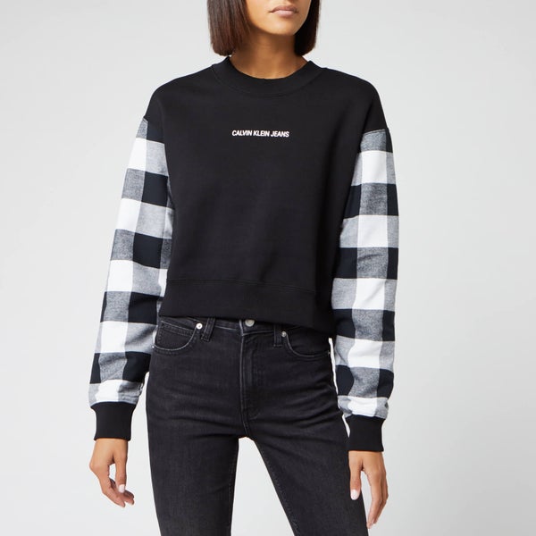 Calvin Klein Jeans Women's Buffalo Check Sleeve Crop Sweat - Black