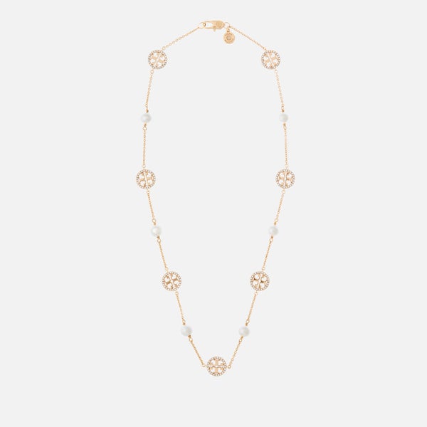 Tory Burch Women's Crystal Pearl Logo Necklace - Gold/Crystal