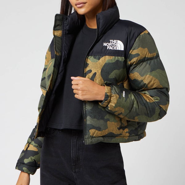 The North Face Women's Nuptse Crop Jacket - Burnt Olive Green Waxed Camo Print