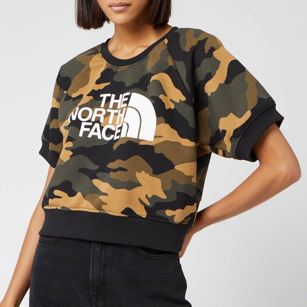 The North Face Women's NSE Graphic Short Sleeve Crew Neck Sweatshirt - Burnt Olive Green Waxed Camo Print