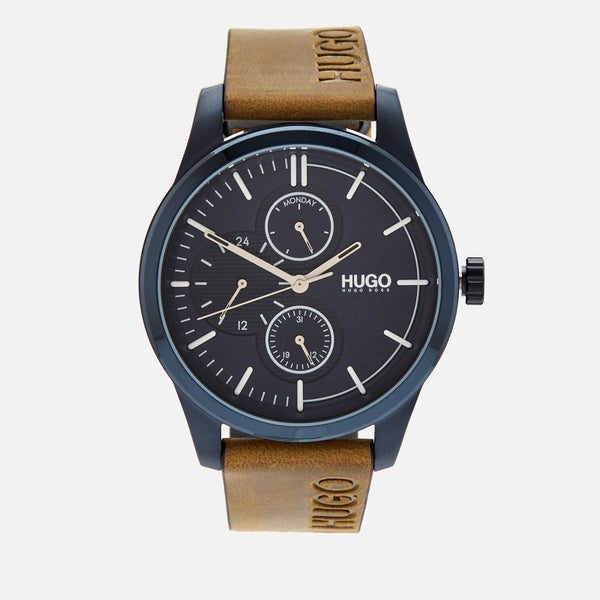 HUGO Men's Discover Leather Strap Watch - Rou Blue