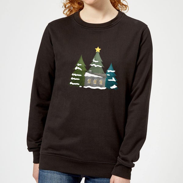 Cabin And Trees Women's Christmas Jumper - Black