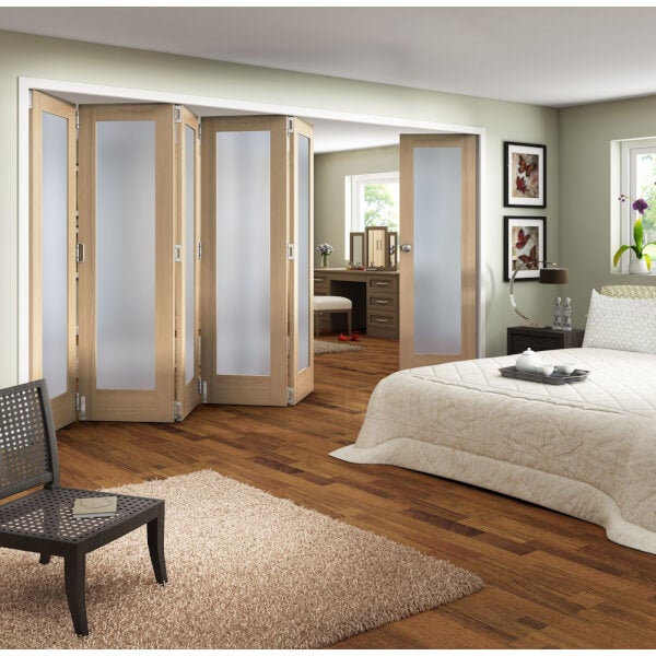 Obscure Glazed Oak Veneer 6 Door Internal Room Divider 3771mm Wide