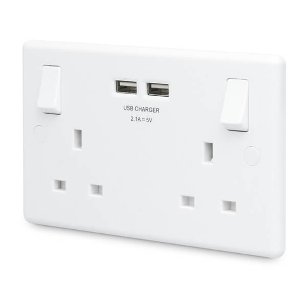 13A Double Switch Power Socket with USB Charging Round Edge Homebase
