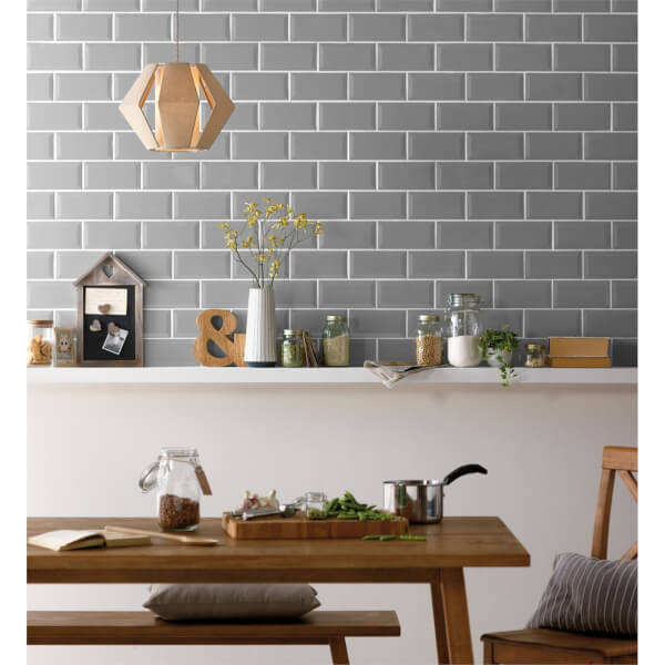 Metro Grey Bevelled Ceramic Wall Tile 100 x 200mm Homebase