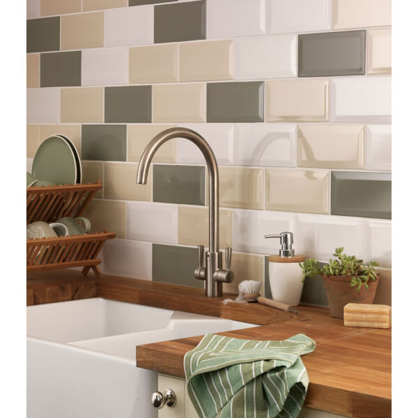 Offer Homebase Metro Cream Bevelled Ceramic Wall Tile 100