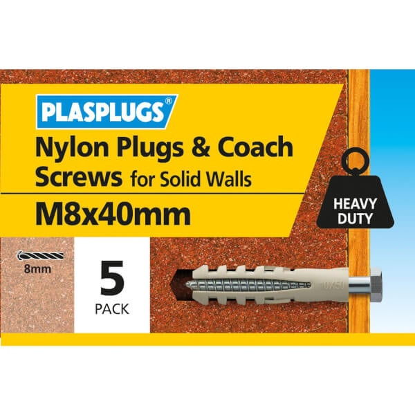 Plasplugs Nylon plug and M8 Coach Screws x 5 Homebase