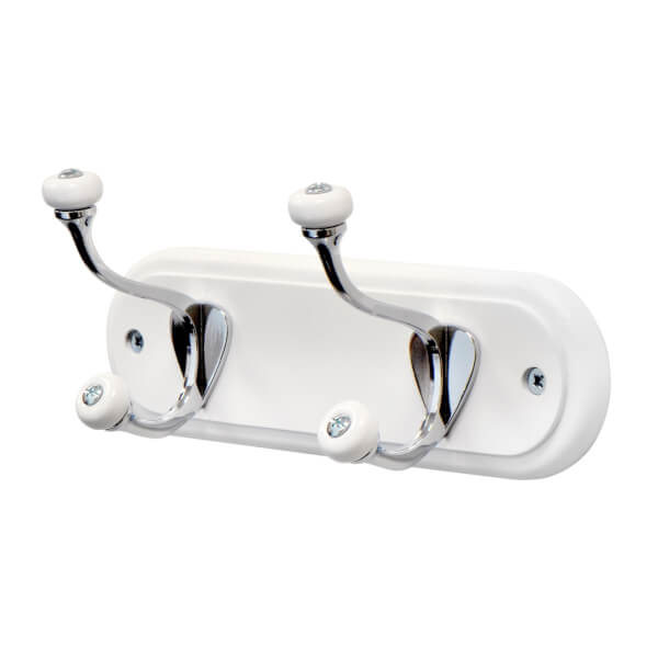 2 Hat and Coat Hooks Ceramic Tips, Chrome on White Homebase