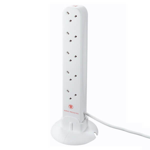 Masterplug 10 Socket 2 USB Surge Tower Extension Lead 1m White Homebase