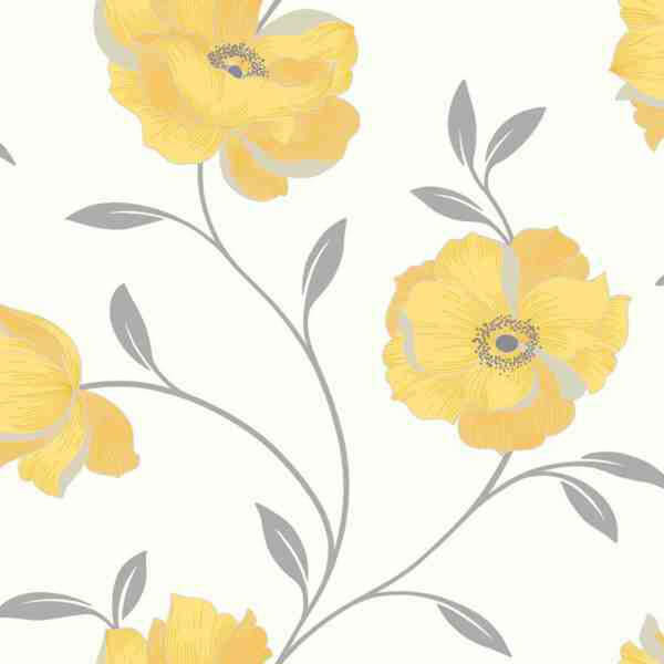 Arthouse Sophia Floral Smooth Metallic White and Yellow Wallpaper