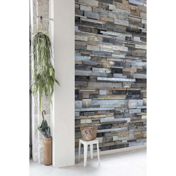 Grandeco Wood Effect Blue Digital Wallpaper Mural Homebase