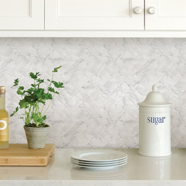 Herringbone Carrera Peel and Stick Self Adhesive Wall Tiles Homebase