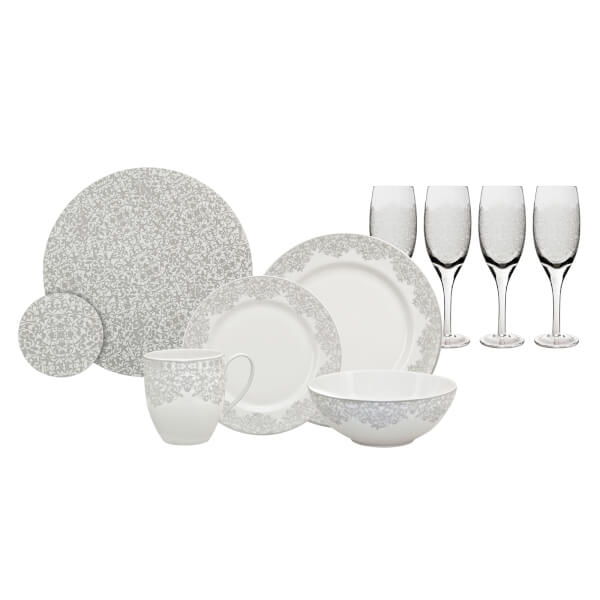 Denby Monsoon Filigree Silver 28 Piece Entertaining Set Homebase