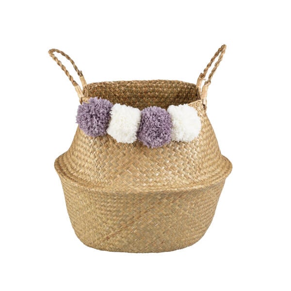 Seagrass Foldable Basket with Pom Poms Homebase