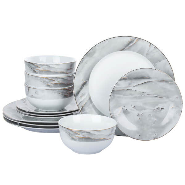 Marble and Gold 12 Piece Dinner Set Homebase