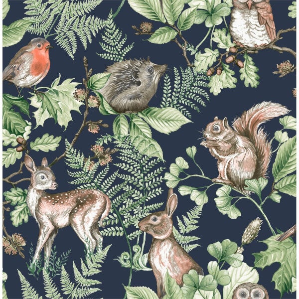 Fresco Woodland Animals Navy Wallpaper Homebase