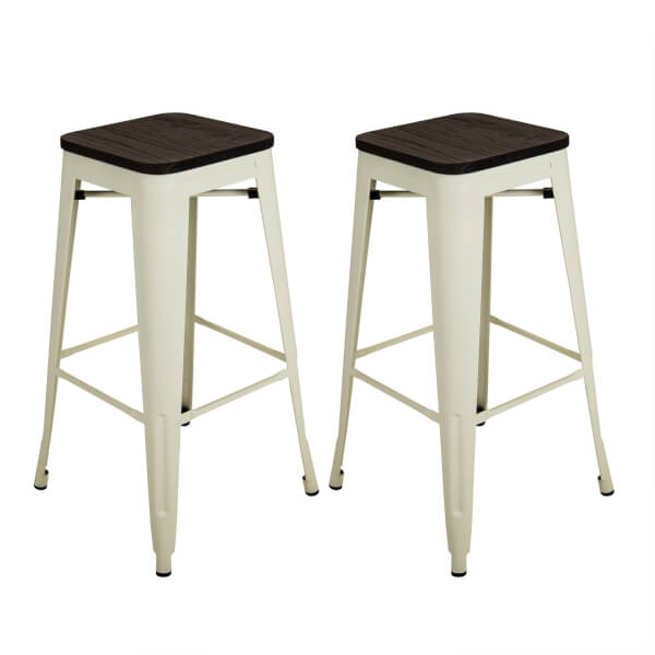 Pair of Metal & Wood Bar Stools Cream Homebase