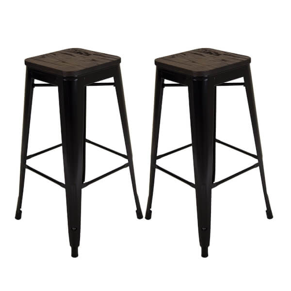 Pair of Metal & Wood Bar Stools Black Homebase