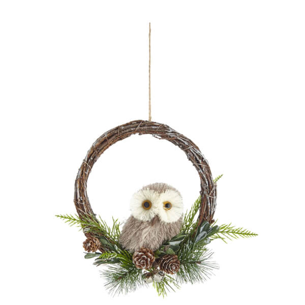 Bristle Owl in Wreath Hanging Tree Decoration | Homebase