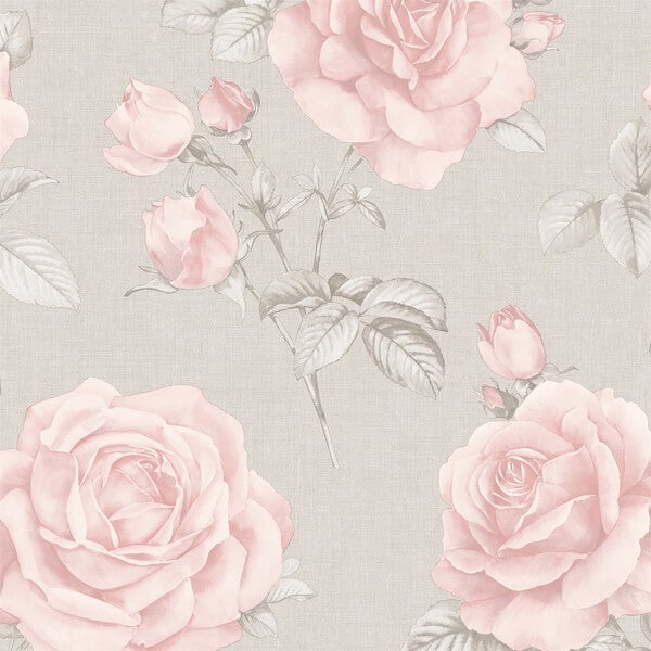 Belgravia Decor Rosa Smooth Floral Blush and Grey Wallpaper Homebase