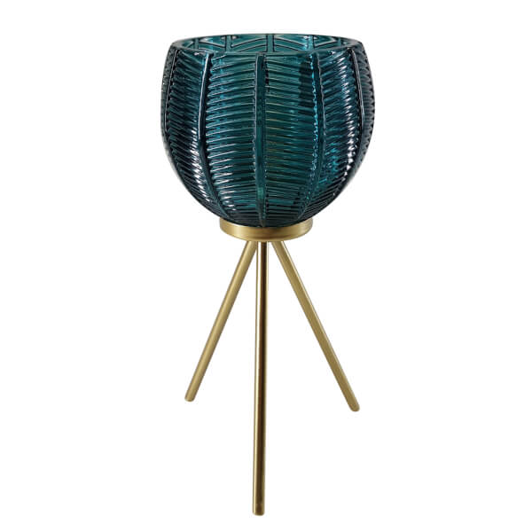 Glass Candle Holder Teal with Gold Legs Homebase