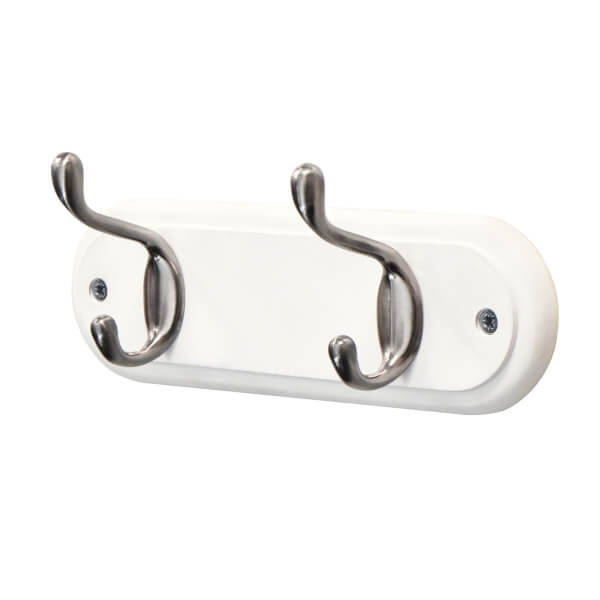 2 Hat and Coat Hooks Satin Nickel on White Homebase