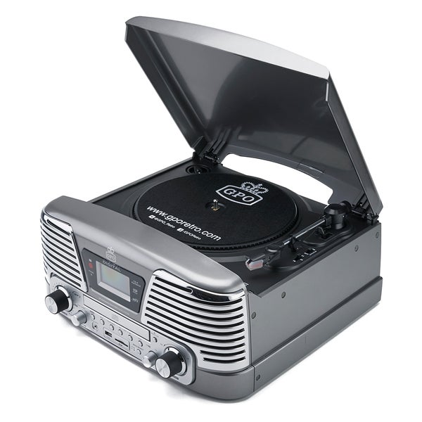 GPO Retro Memphis Turntable 4-in-1 Music System with Built in CD and FM Radio - Silver