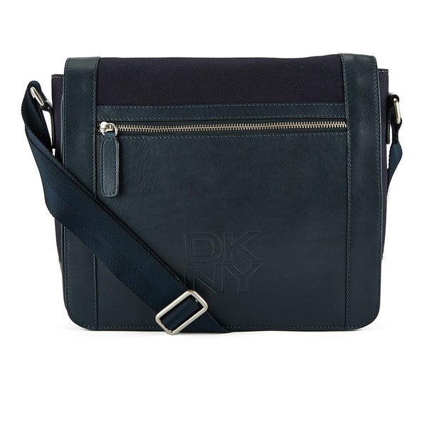 DKNY Men's Waxed Canvas and Leather Messenger with Embossed Logo - Dress Blue