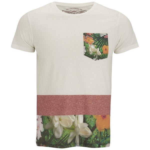 Jack & Jones Originals Men's Floral Panelled Up T-Shirt with Pocket - White