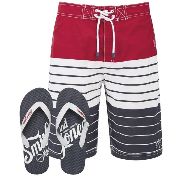 Smith & Jones Men's Shore Board Shorts with Free Flip Flops - Chinese Red