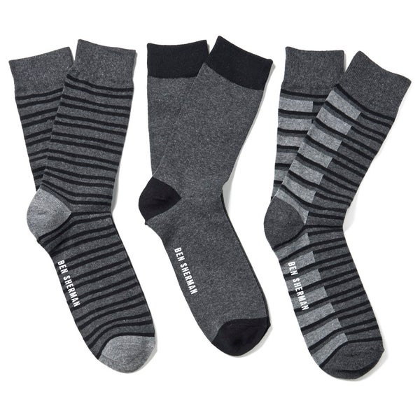 Ben Sherman Men's 3-Pack Cheviot Socks - Charcoal Stripe