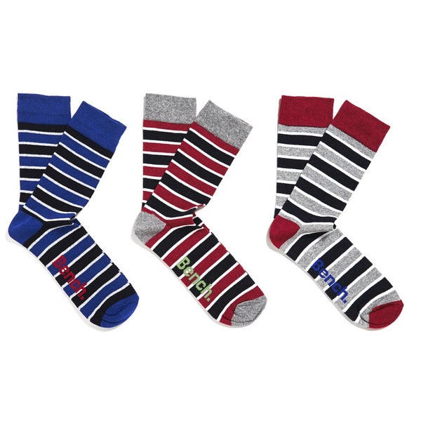 Bench Men's 3-Pack Striped Socks - Red/Grey/Blue