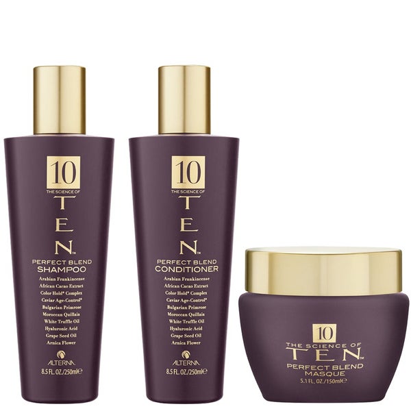 Alterna Ten Perfect Blend Shampoo (250ml), Conditioner (250ml) and Masque (150ml).