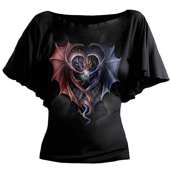 Spiral Women's DRAGON HEART Boat Neck Bat Sleeve Top - Black