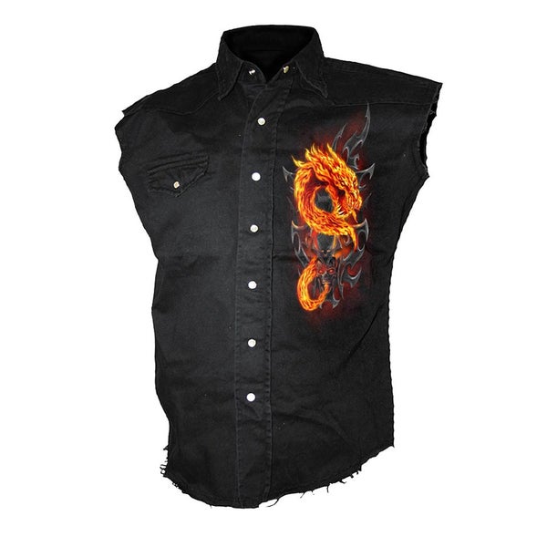 Spiral Men's FIRE DRAGON Sleeveless Stone Washed Worker Shirt - Black