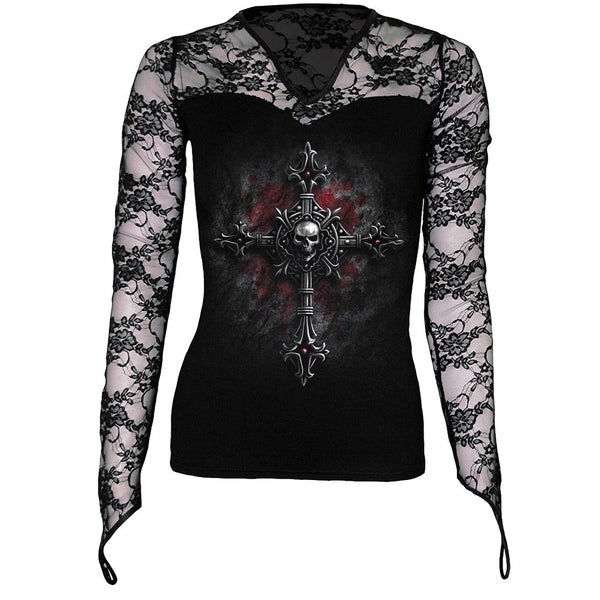 Spiral Women's VAMP FANGS Lace Neck Goth Top - Black