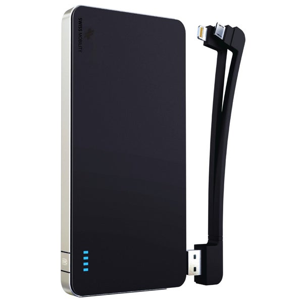 Swiss Mobility Universal Power Pack 5000 with 3-in-1 Detachable Cable (micro USB and Apple Lightening) - Rubberized Black