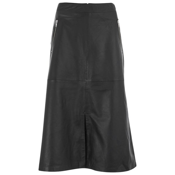 Gestuz Women's Zola Leather Midi Skirt with Front Slit and Zip Detail - Black Leather