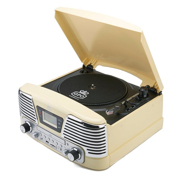 GPO Retro Memphis Turntable 4-in-1 Music System with Built in CD and FM Radio - Cream
