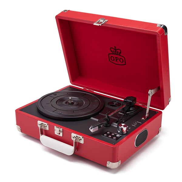 GPO Retro Attache Briefcase Style Three-Speed Portable Vinyl Turntable with Free USB Stick and Built-In Speakers - Red
