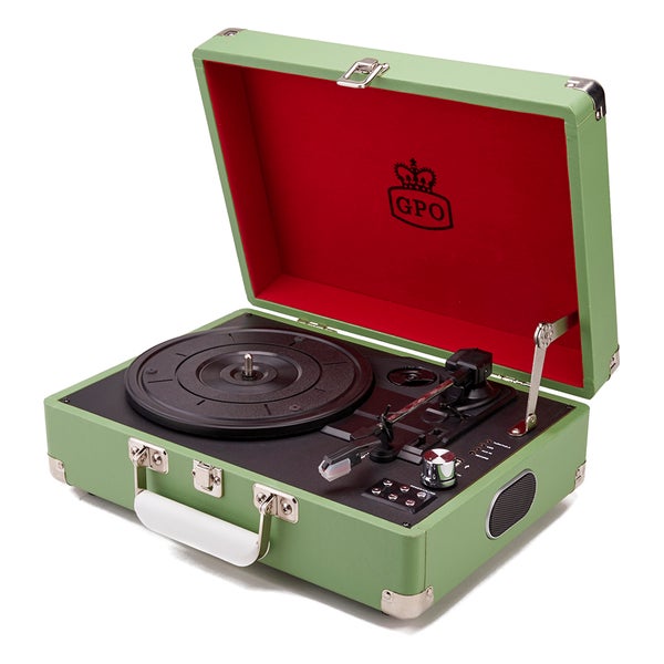 GPO Retro Attache Briefcase Style Three-Speed Portable Vinyl Turntable with Free USB Stick and Built-In Speakers - Apple Green