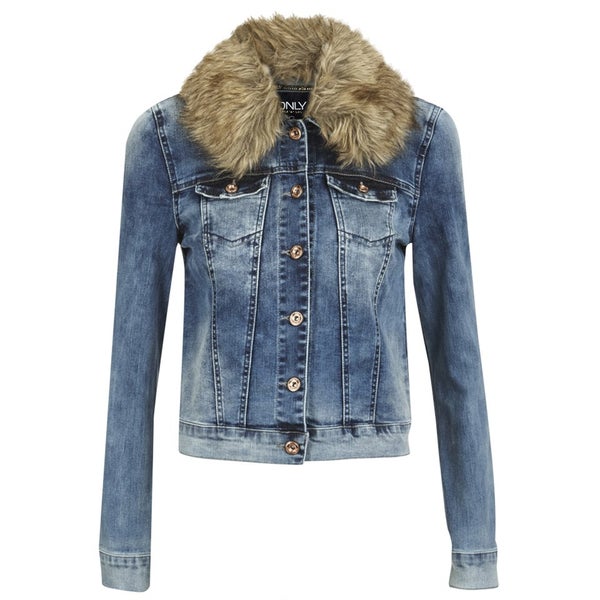 ONLY Women's Chris Denim Fur Jacket - Medium Blue