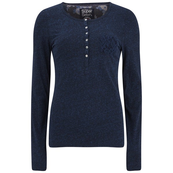 Superdry Women's Super Sewn Lace Pocket Henley Long Sleeve Top - Rugged Navy
