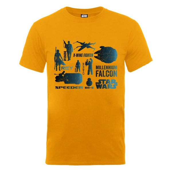 Star Wars Men's The Force Awakens Blue Heroes Characters T-Shirt - Gold
