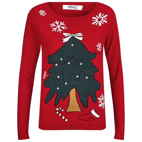 ONLY Women's Christmas Tree Christmas Jumper - True Red
