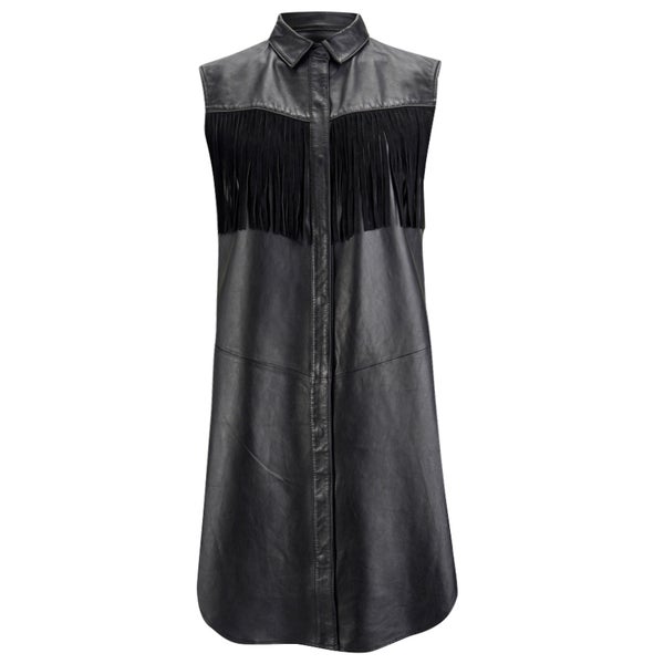 Ganni Women's Leather Fringed Shirt Dress - Black