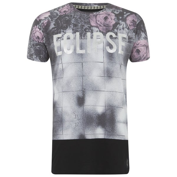 Eclipse Men's Galen Rose Print Zip Longline T-Shirt - Black/White