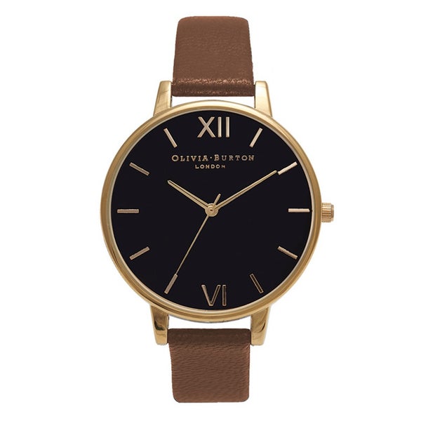 Olivia Burton Women's Big Dial Watch Black Dial - Tan/Gold